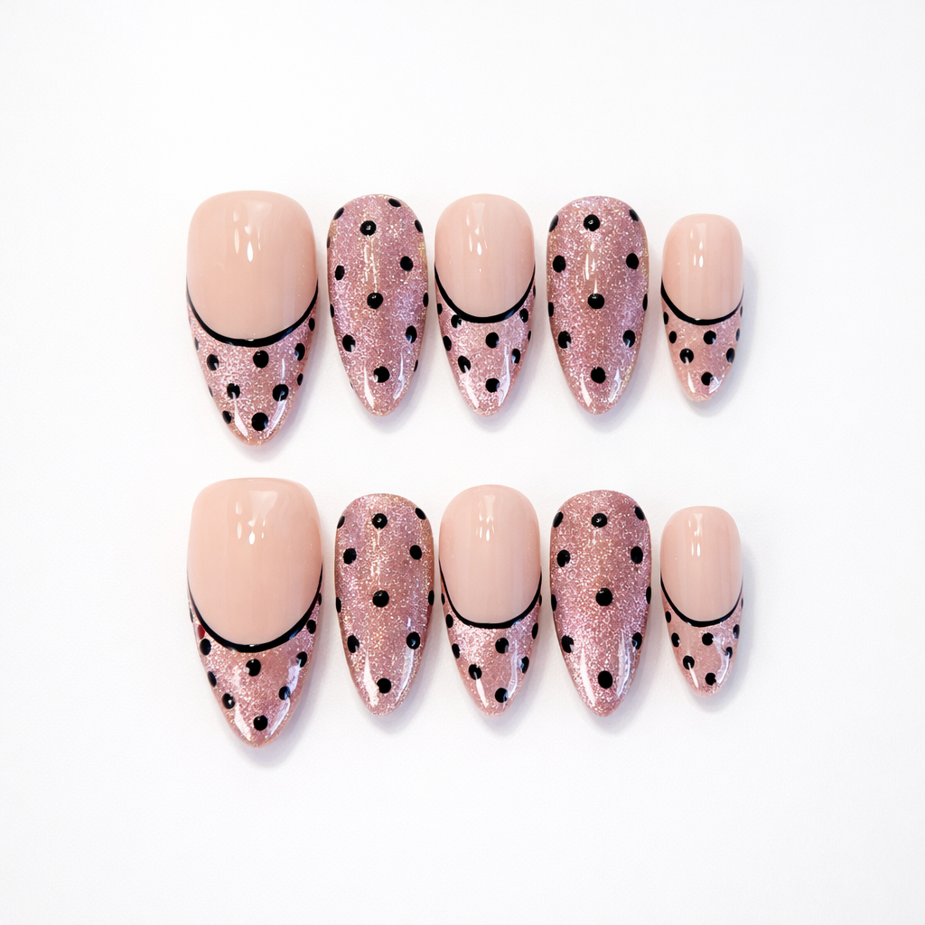 Pink Cateye Polkadot French Tips Press on Nails