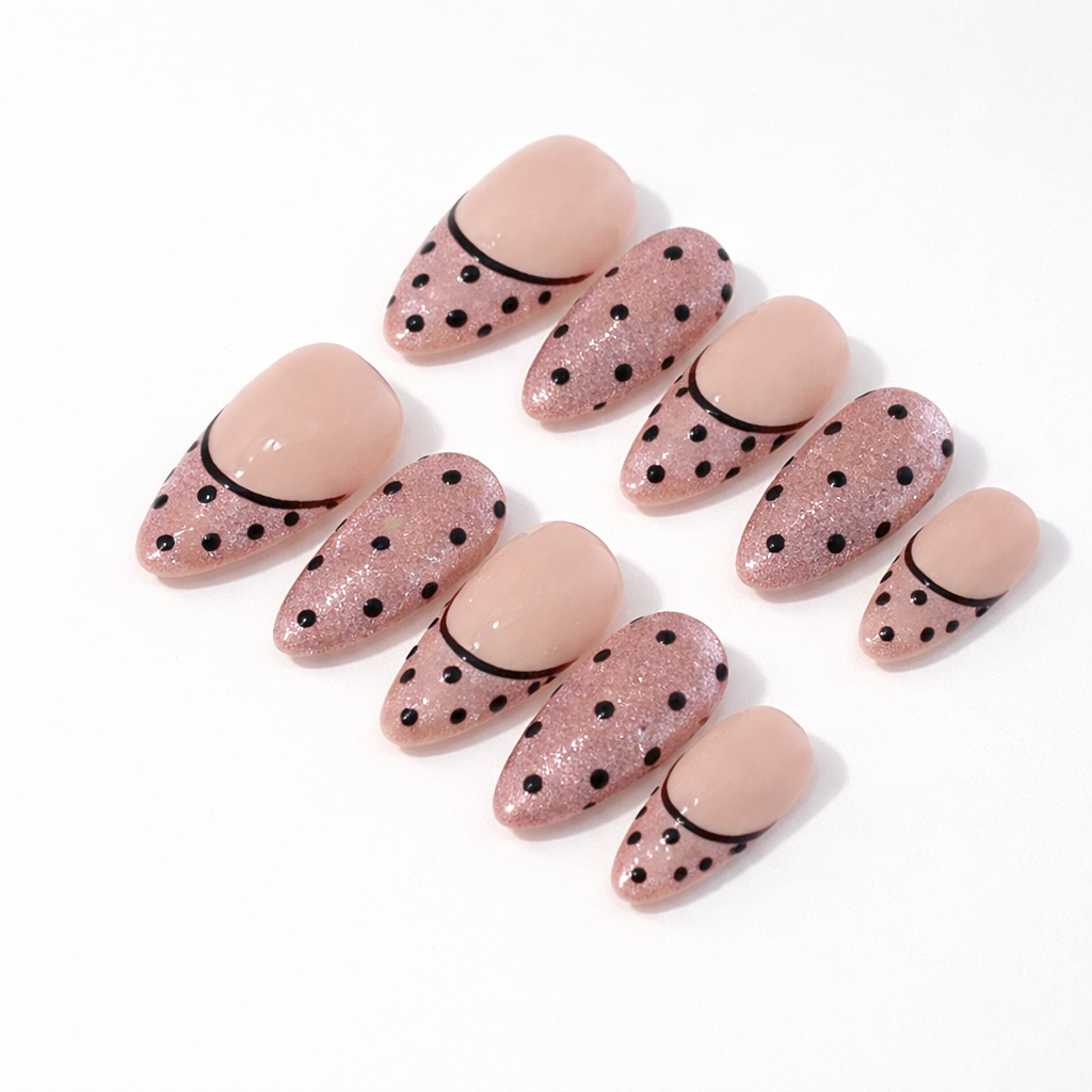 Pink Cateye Polkadot French Tips Press on Nails