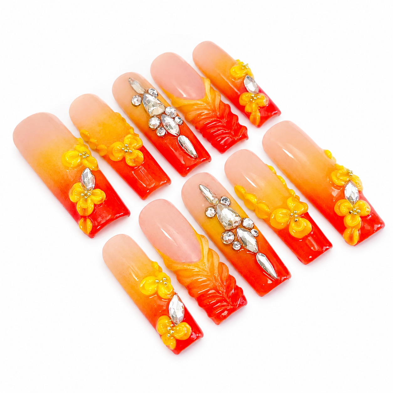 Red Orange Ombre Yellow Flower Crystal Press On Nails