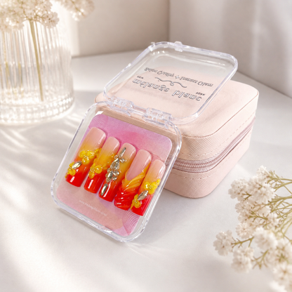Red Orange Ombre Yellow Flower Crystal Press On Nails