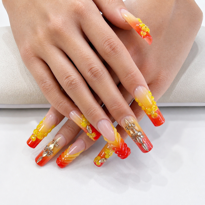Red Orange Ombre Yellow Flower Crystal Press On Nails