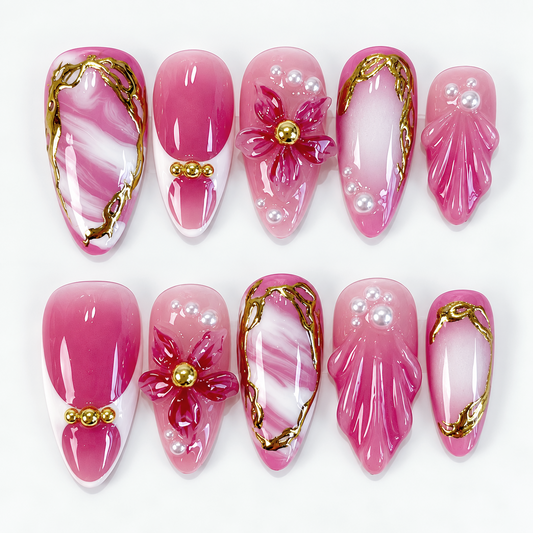 Pink 3D Flower Gold Chrome Pearl Marble Press On Nails PO214
