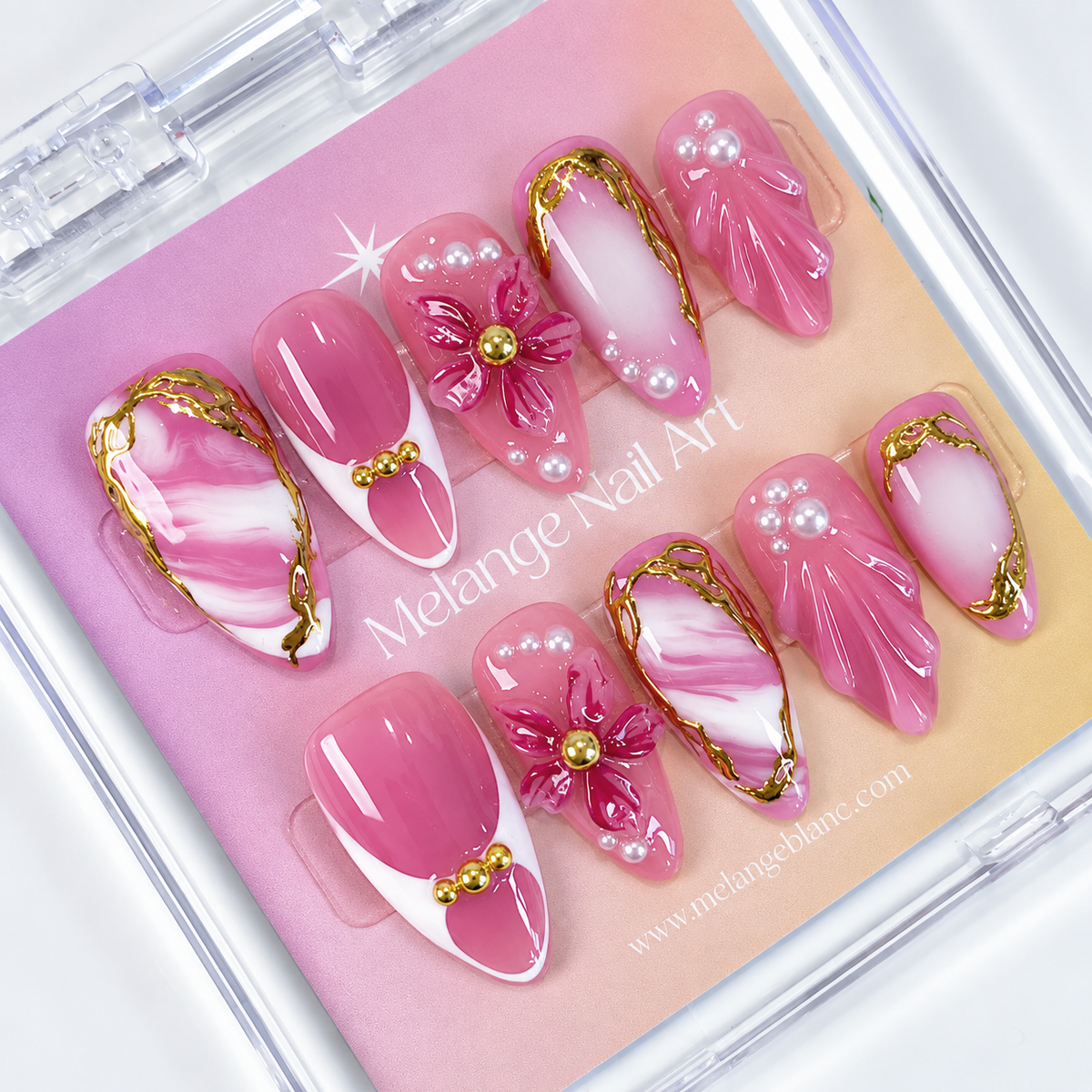 Pink 3D Flower Gold Chrome Pearl Marble Press On Nails PO214