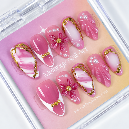 Pink 3D Flower Gold Chrome Pearl Marble Press On Nails PO214