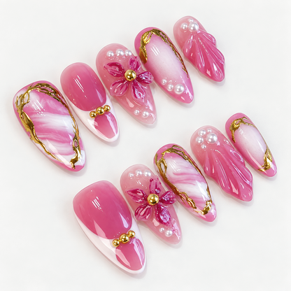 Pink 3D Flower Gold Chrome Pearl Marble Press On Nails PO214