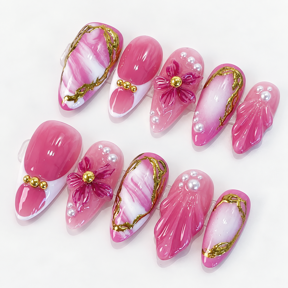 Pink 3D Flower Gold Chrome Pearl Marble Press On Nails PO214