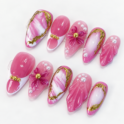 Pink 3D Flower Gold Chrome Pearl Marble Press On Nails PO214