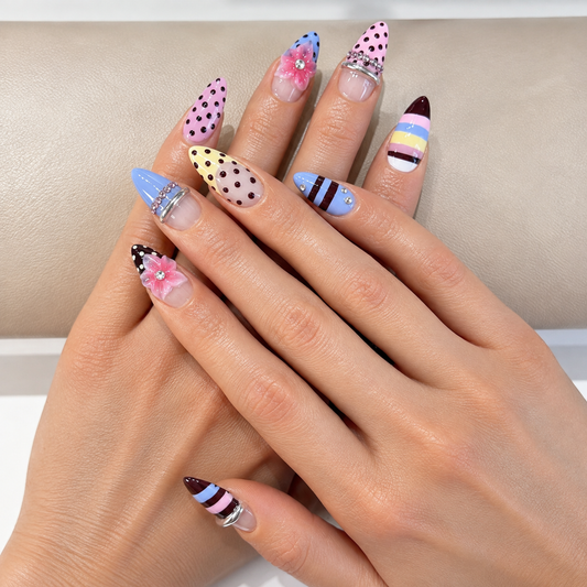 Y2K stripe polkadot 3D flower bangle press on nails PO216