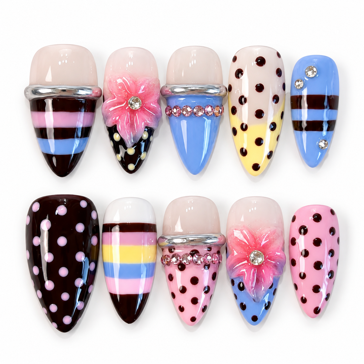 Y2K stripe polkadot 3D flower bangle press on nails PO216