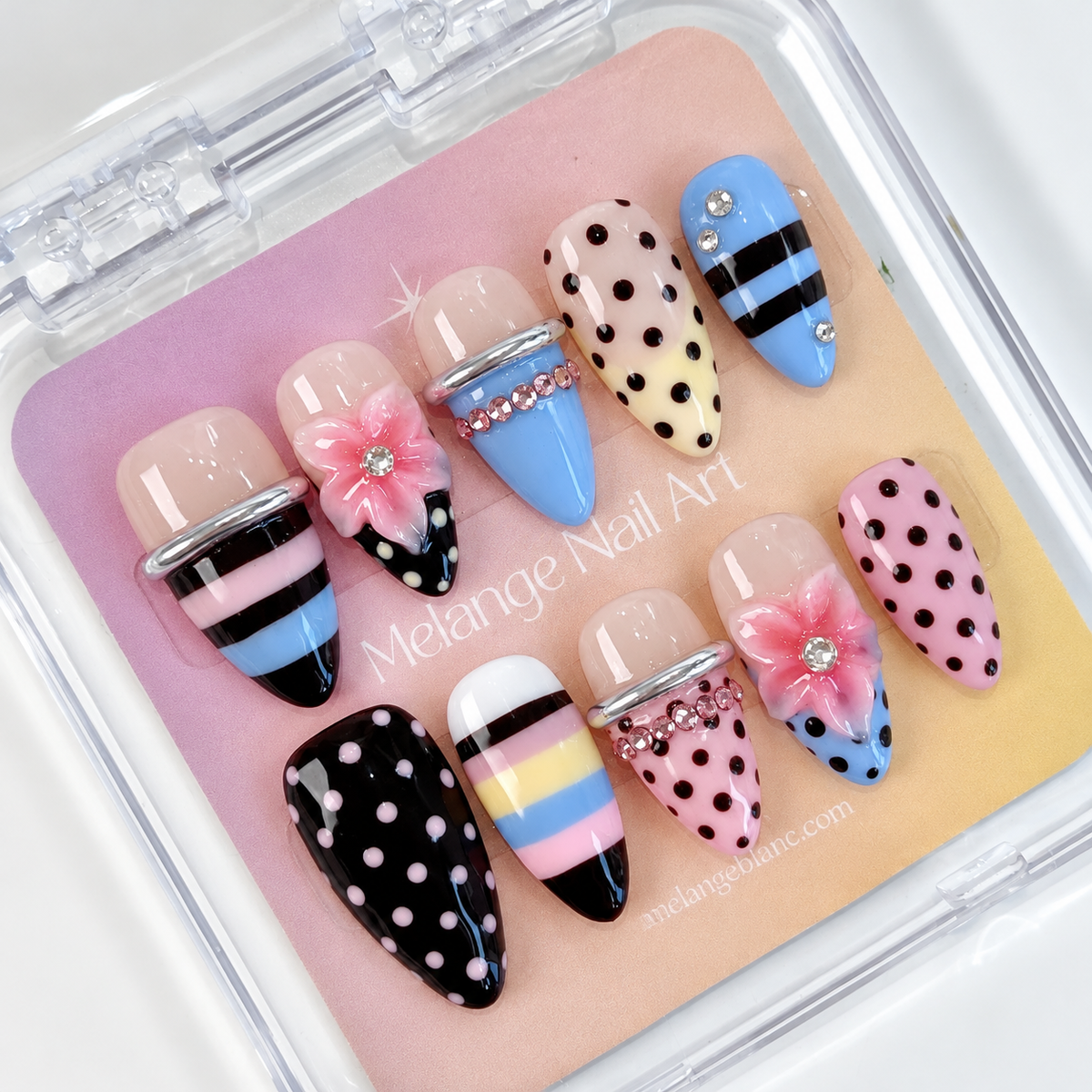 Y2K stripe polkadot 3D flower bangle press on nails PO216