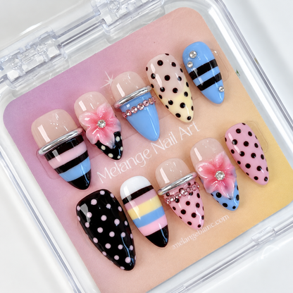 Y2K stripe polkadot 3D flower bangle press on nails PO216