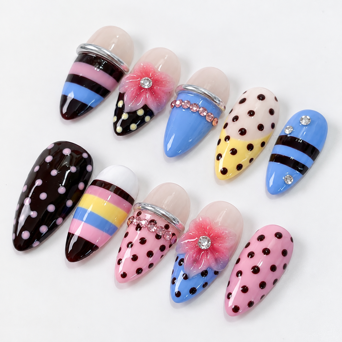 Y2K stripe polkadot 3D flower bangle press on nails PO216