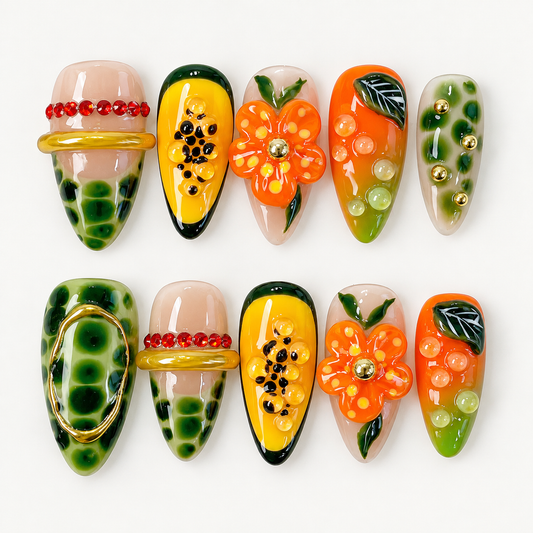 Tropical fruit hibiscus flower Press On Nails PO215