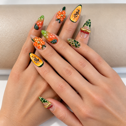 Tropical fruit hibiscus flower Press On Nails PO215