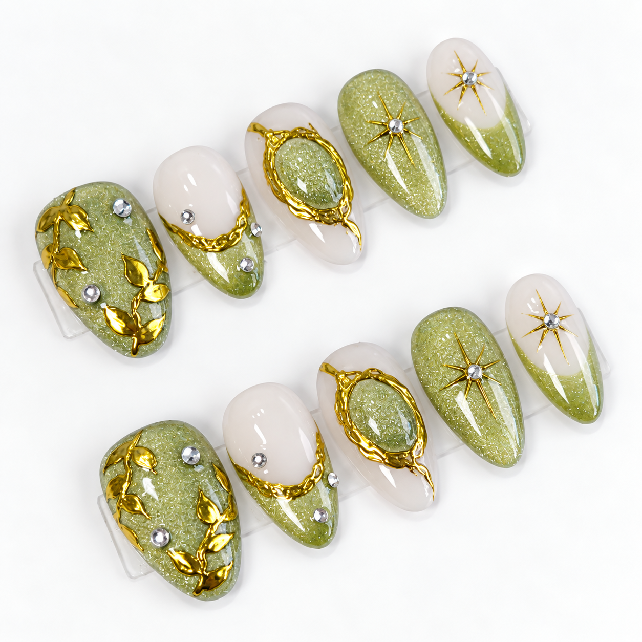 Jade cat eye gold chrome short almond press on nails PO166 - RTS
