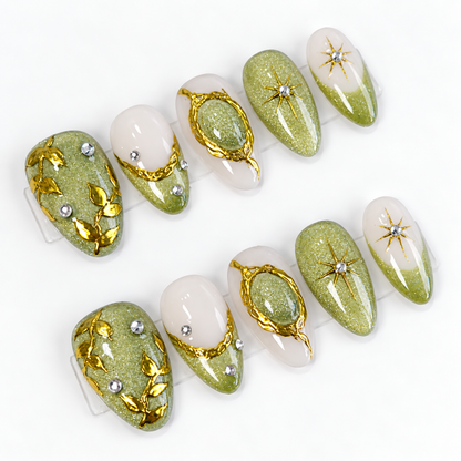 Jade cat eye gold chrome short almond press on nails PO166 - RTS