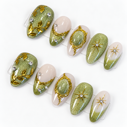 Jade cat eye gold chrome short almond press on nails PO166 - RTS