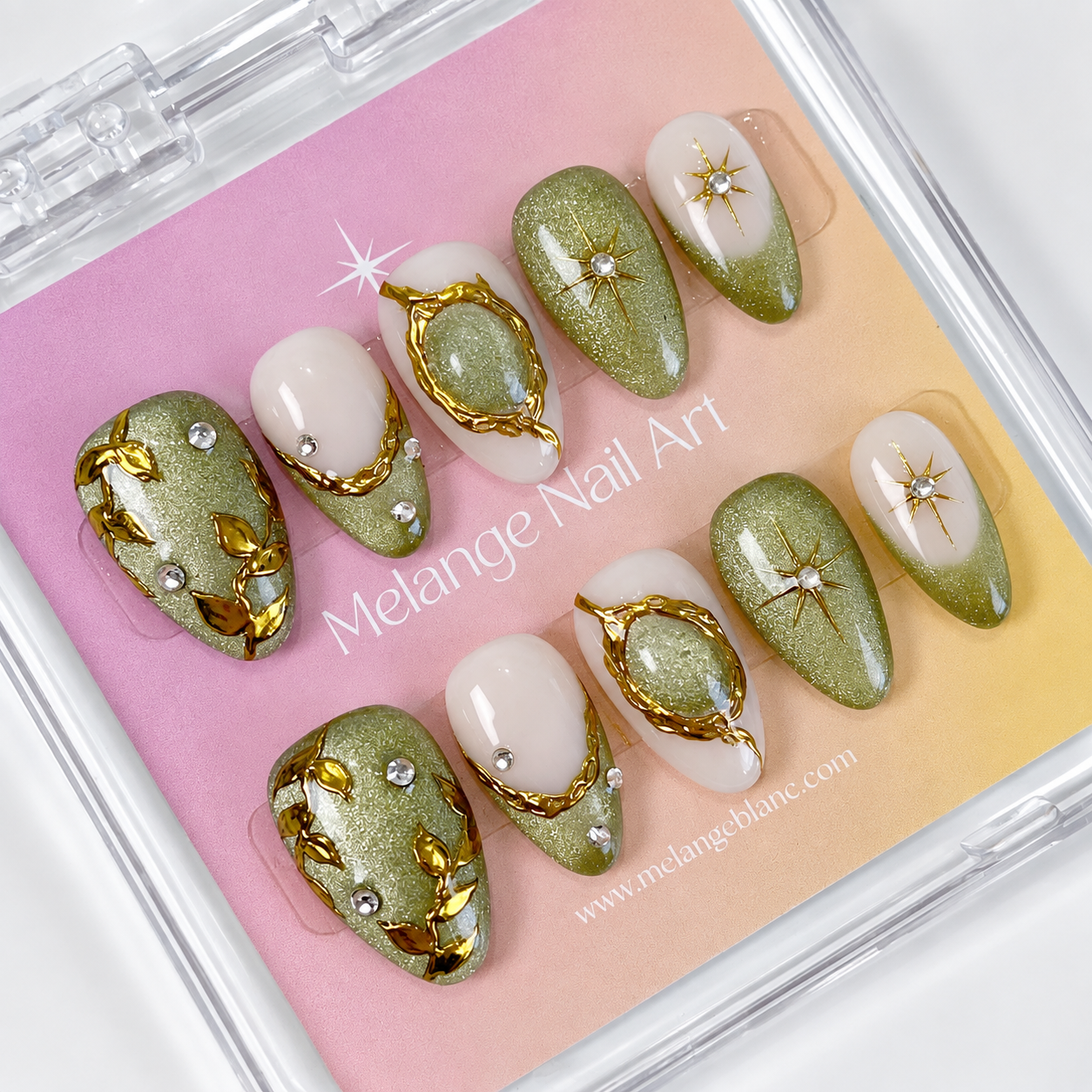 Jade cat eye gold chrome short almond press on nails PO166 - RTS