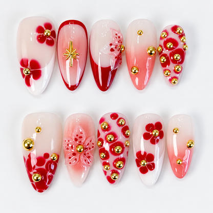 Red blooming flower ombre gold accent press on nails PO208