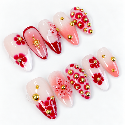 Red blooming flower ombre gold accent press on nails PO208