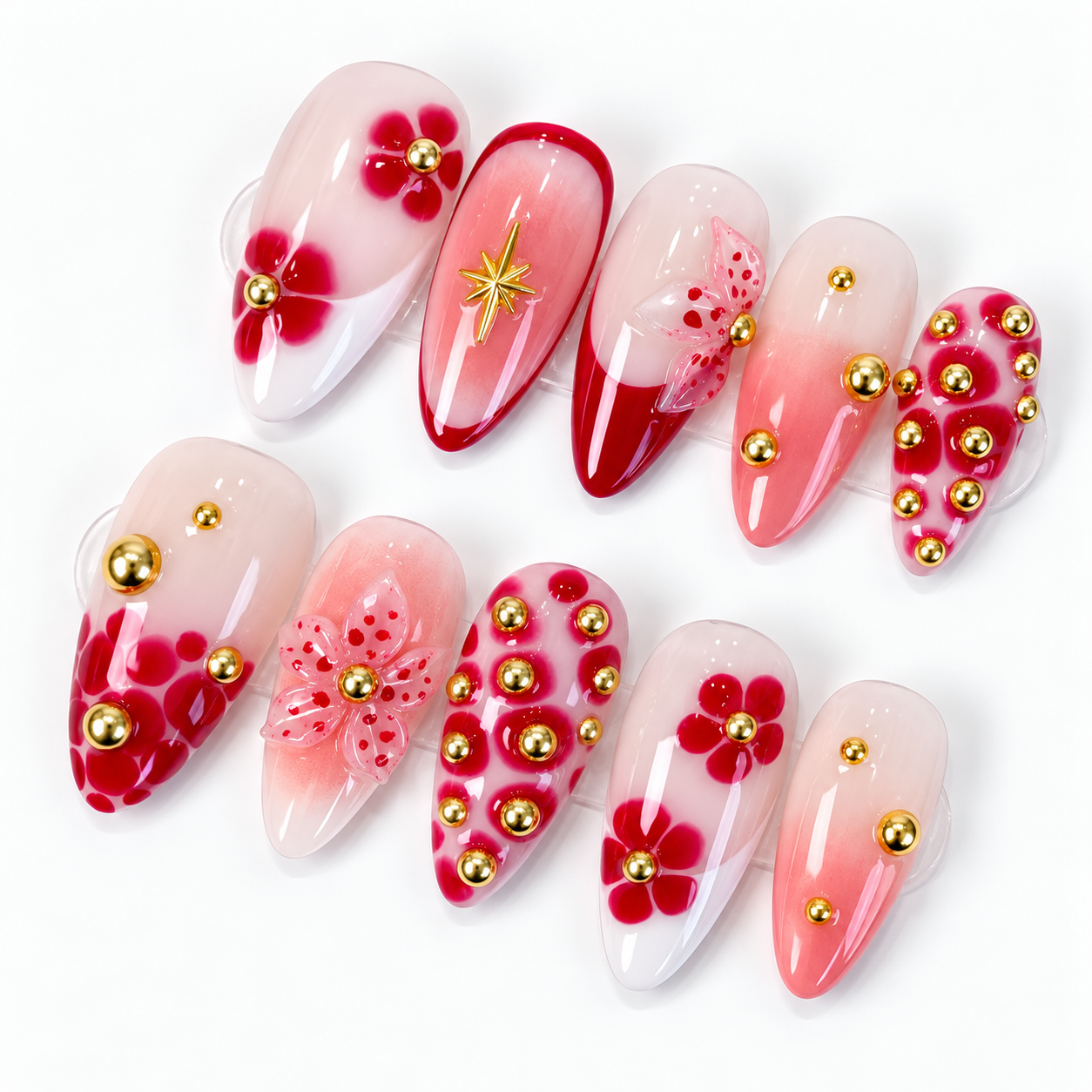 Red blooming flower ombre gold accent press on nails PO208