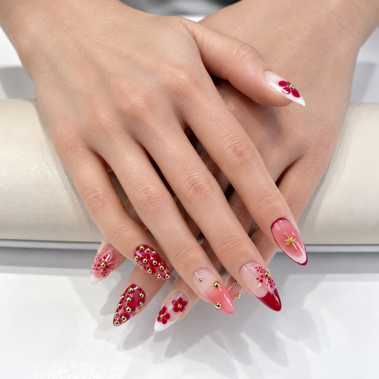 Red blooming flower ombre gold accent press on nails PO208