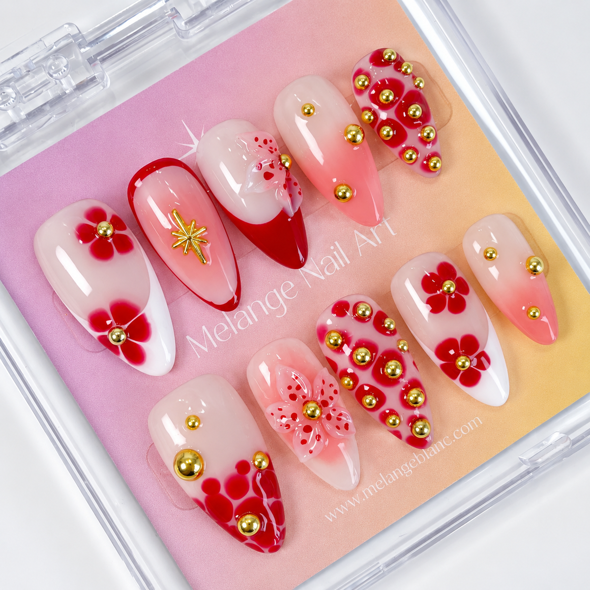 Red blooming flower ombre gold accent press on nails PO208