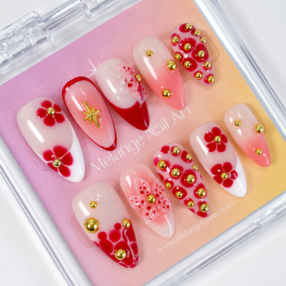 Red blooming flower ombre gold accent press on nails PO208