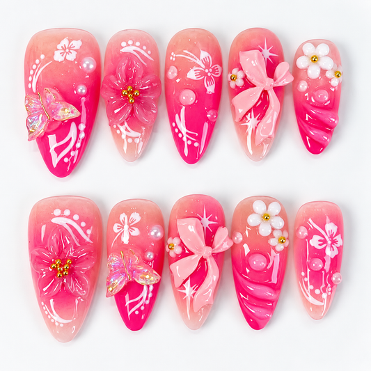 Pink flower with butterfly & bow ombre press on nails PO209