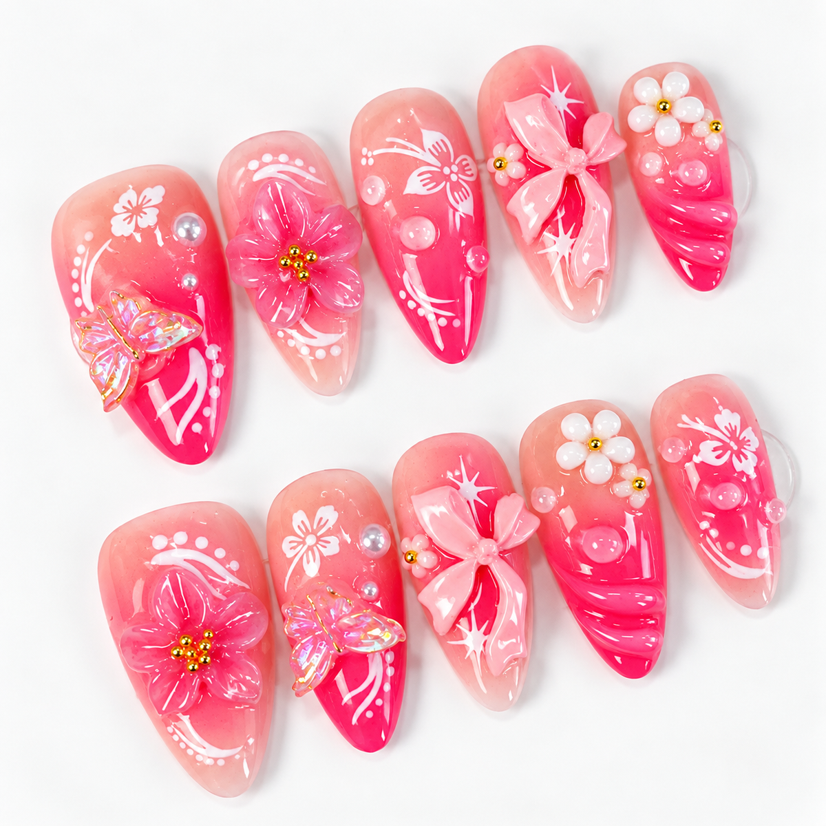 Pink flower with butterfly & bow ombre press on nails PO209