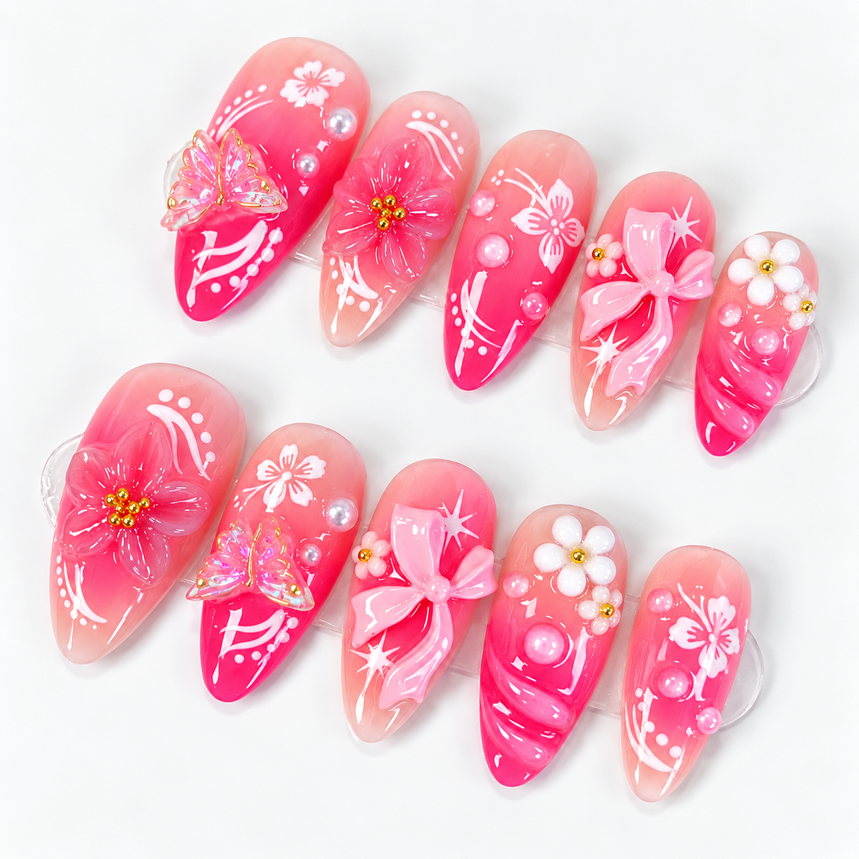 Pink flower with butterfly & bow ombre press on nails PO209