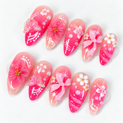 Pink flower with butterfly & bow ombre press on nails PO209