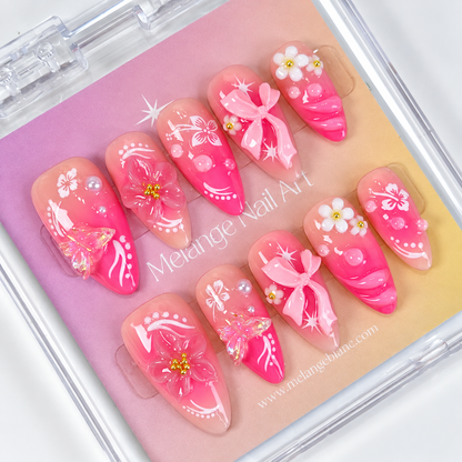 Pink flower with butterfly & bow ombre press on nails PO209