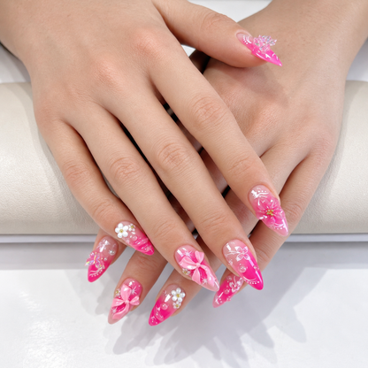 Pink flower with butterfly & bow ombre press on nails PO209