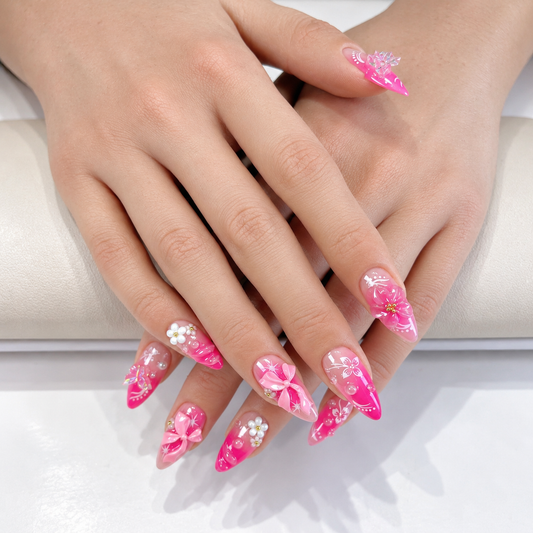 Pink flower with butterfly & bow ombre press on nails PO209