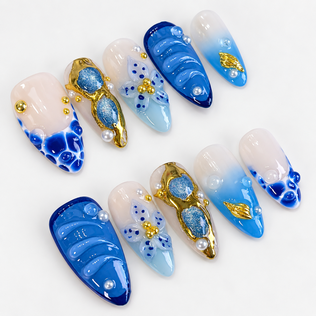 Ocean blue flower beach with gold chrome press on nails PO210