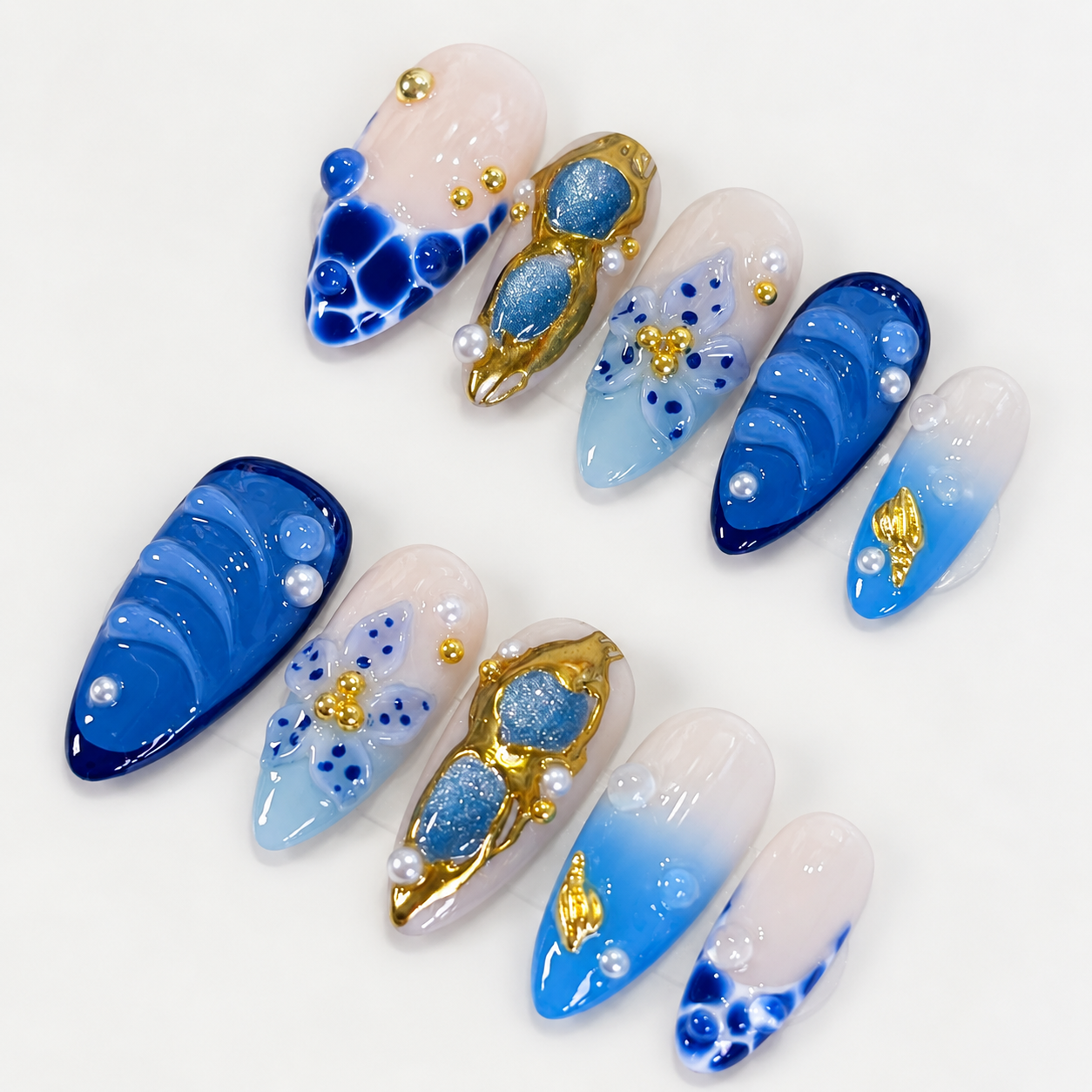 Ocean blue flower beach with gold chrome press on nails PO210