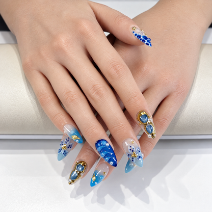 Ocean blue flower beach with gold chrome press on nails PO210