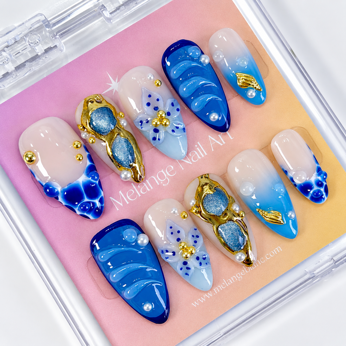 Ocean blue flower beach with gold chrome press on nails PO210
