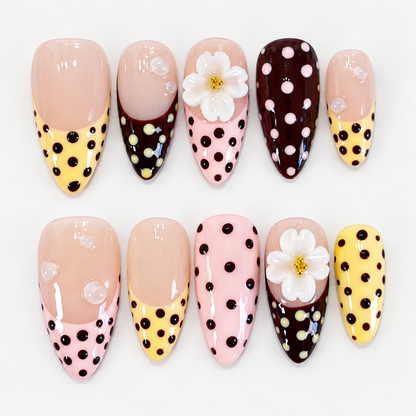 Pink, yellow, brown polkadot french tips flower press on nails PO211