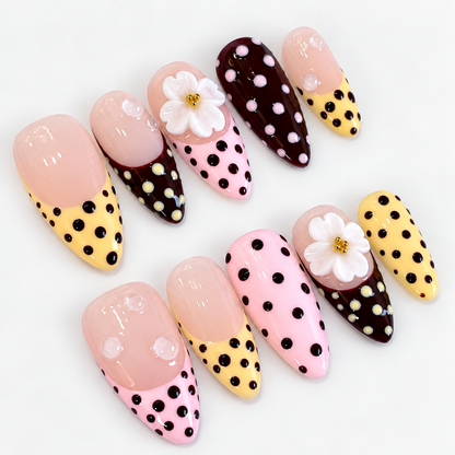 Pink, yellow, brown polkadot french tips flower press on nails PO211