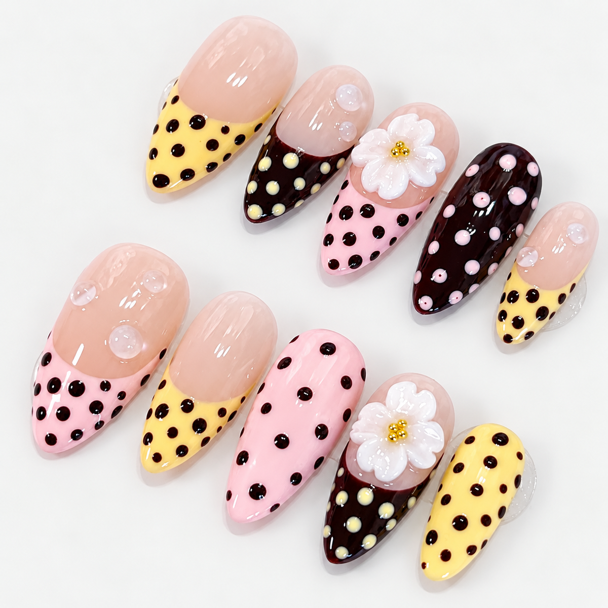 Pink, yellow, brown polkadot french tips flower press on nails PO211
