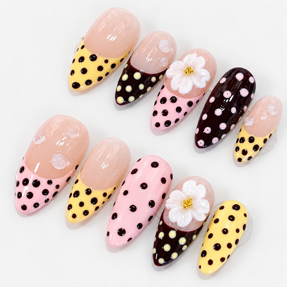Pink, yellow, brown polkadot french tips flower press on nails PO211