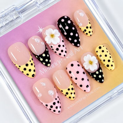 Pink, yellow, brown polkadot french tips flower press on nails PO211