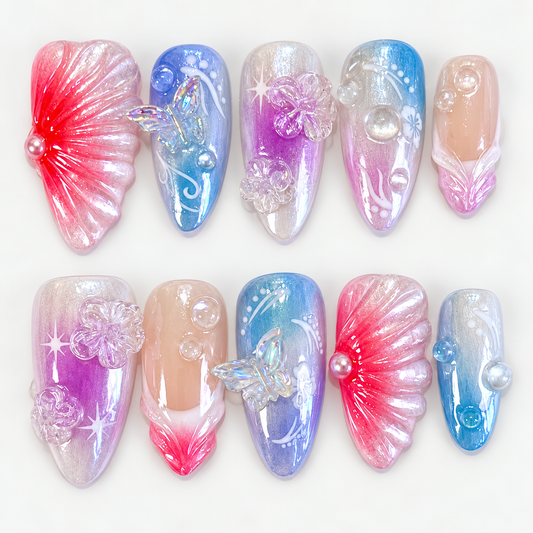 Blue & purple ombre glazed flower press on nails PO212