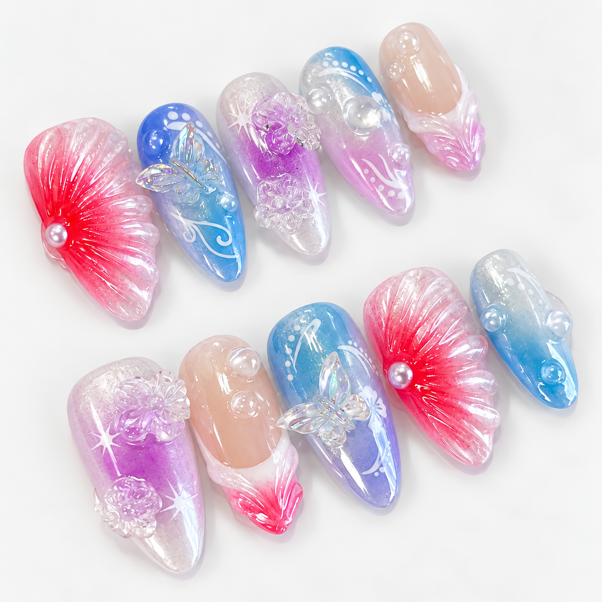Blue & purple ombre glazed flower press on nails PO212