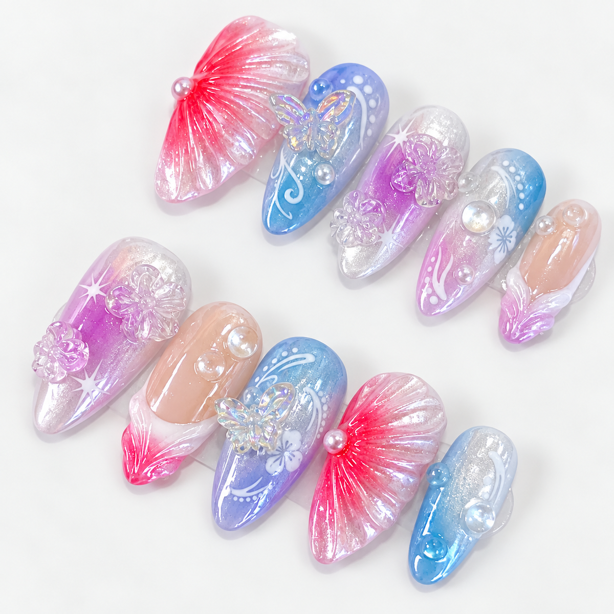 Blue & purple ombre glazed flower press on nails PO212