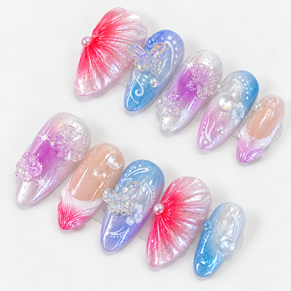 Blue & purple ombre glazed flower press on nails PO212