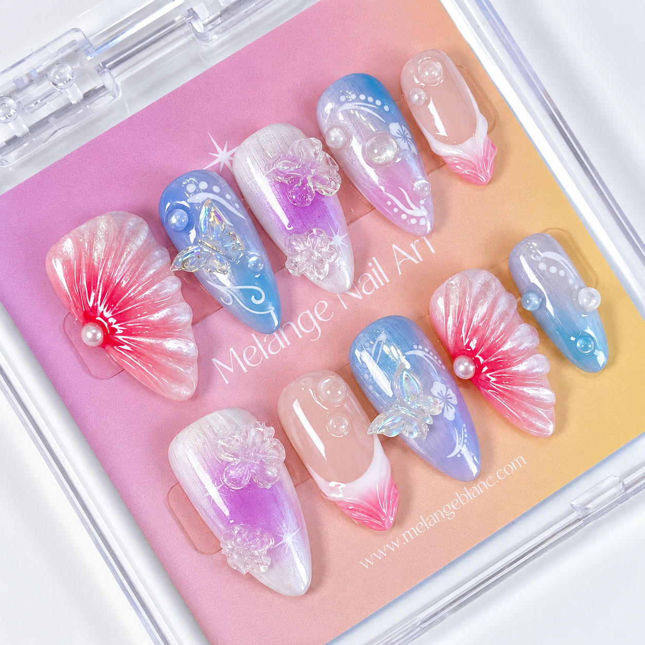 Blue & purple ombre glazed flower press on nails PO212