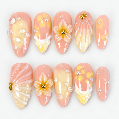 Yellow ombre 3D flower french tips press on nails PO213
